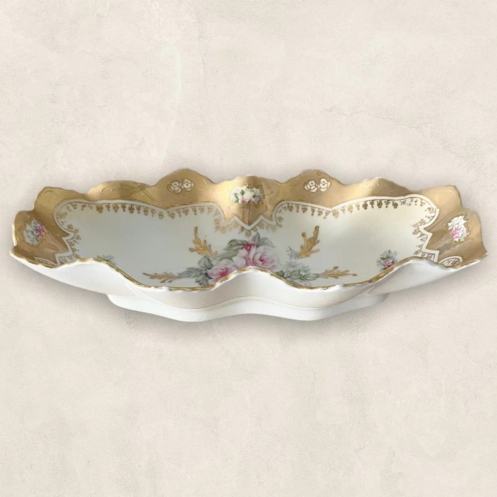 VINTAGE ROYAL CROWN Hand Painted Gold Rose Pattern Candy Dish Gold Trim 11